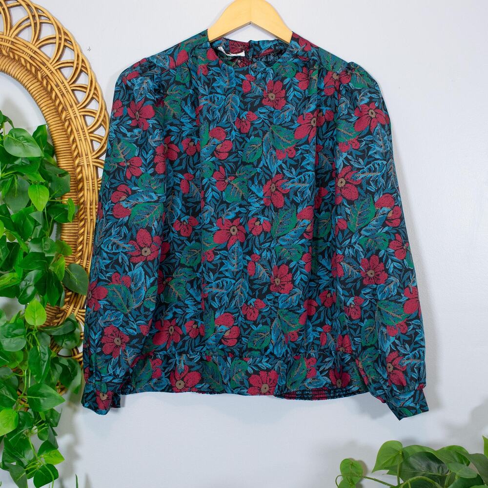 VTG Dark Floral Blouse Mock Neck Pintuck Front Botanical Print | Bright Winter